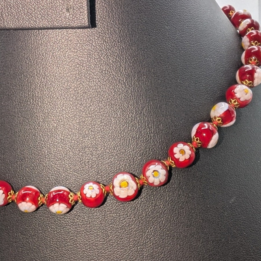 Antica Murrina Venezia Red Glass White Rose Millefiori Bead 16.5" Necklace