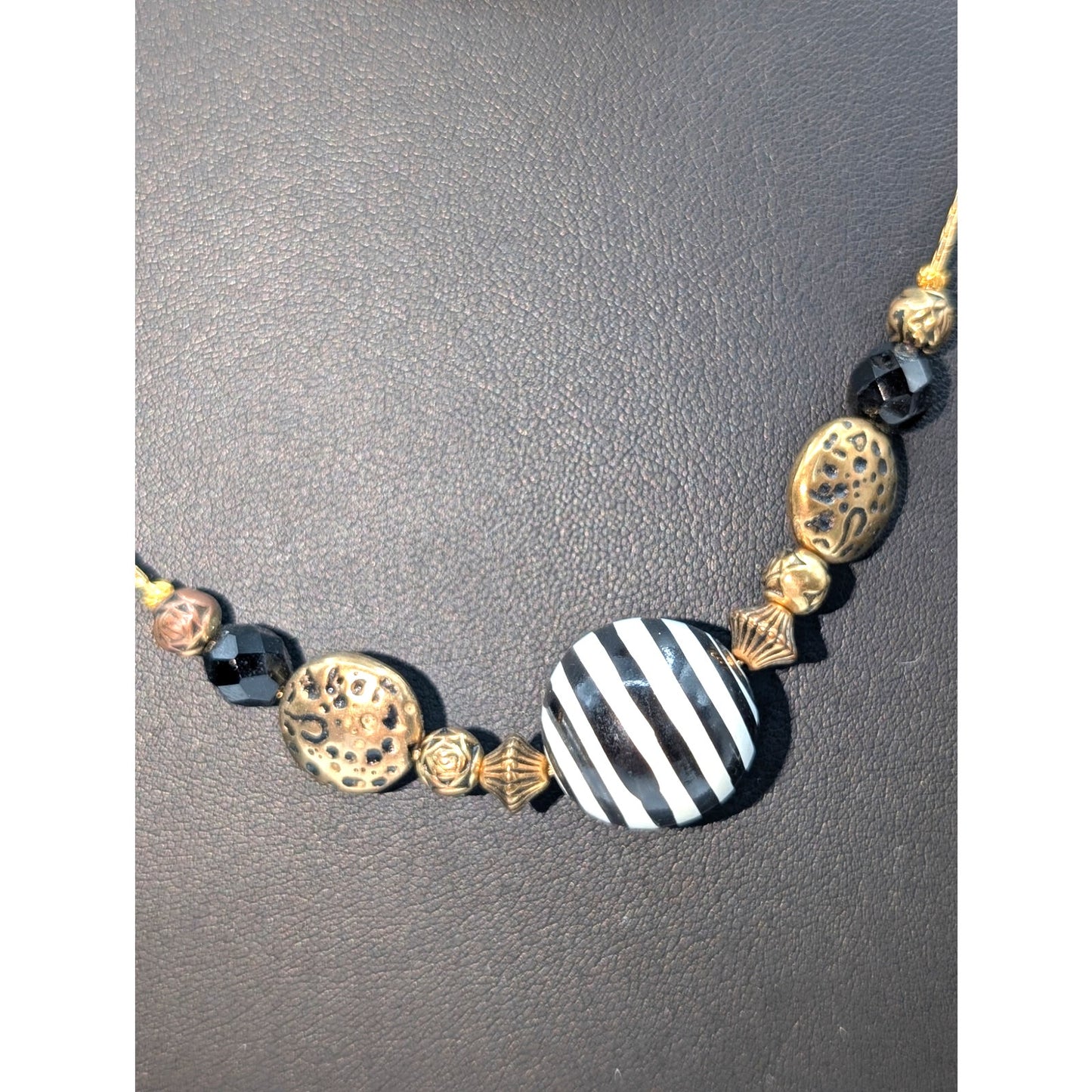 Dabby Reid Black White Striped Gold Tone Beaded Chain 46" Necklace