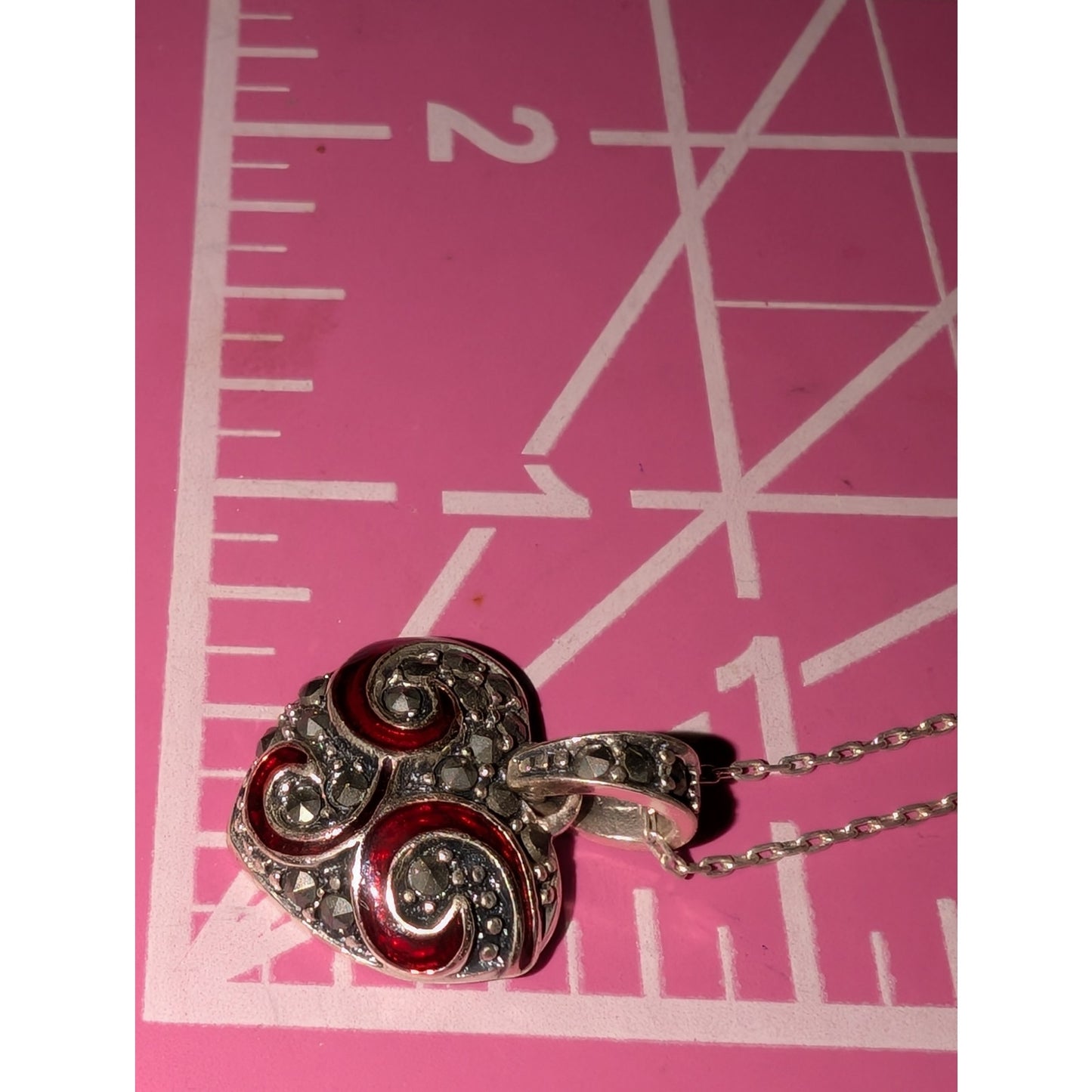 925 Sterling Silver Red Enamel Swirl Marcasite Heart Pendant Necklace