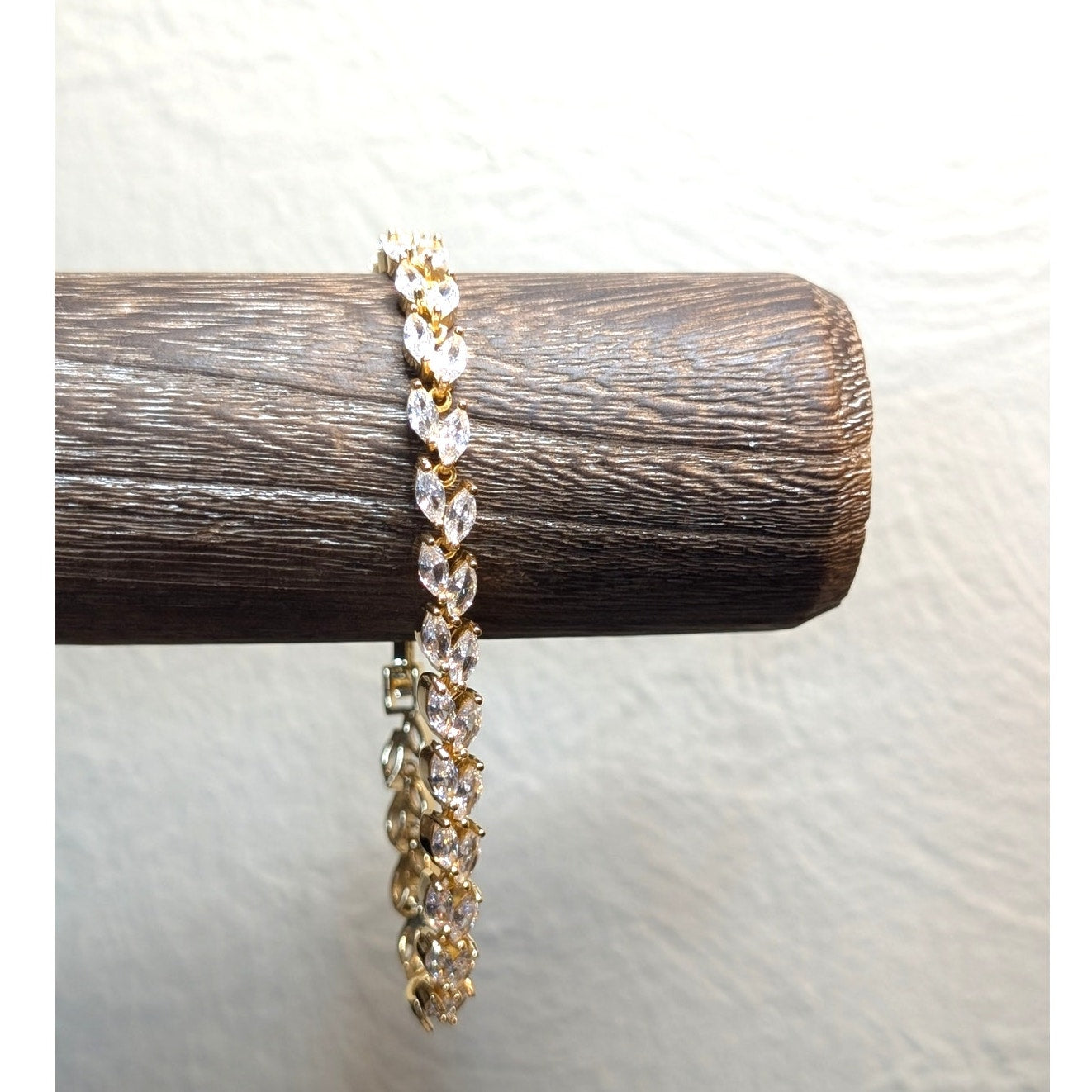 Gold Tone CZ Leaf 7" Long Tennis Bracelet W/ Fold Over Clasp