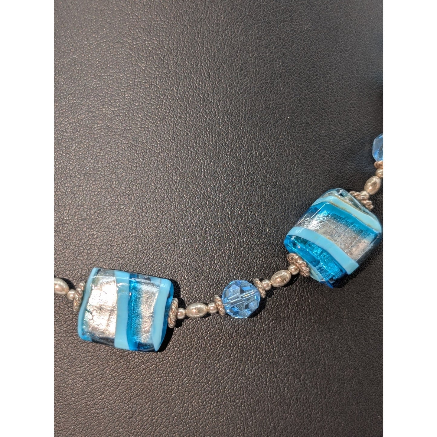 Vintage LCG 925 Sterling Silver Blue Striped Foil Murano Bead 18"-21" Necklace