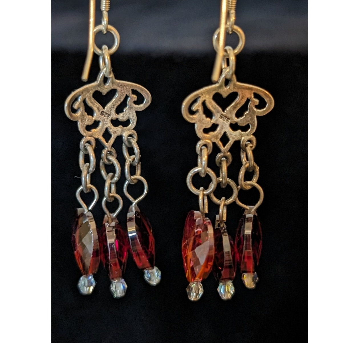 925 Sterling 'Bleeding Heart' Three Faceted Crystal Garnet Color Dangle Earrings