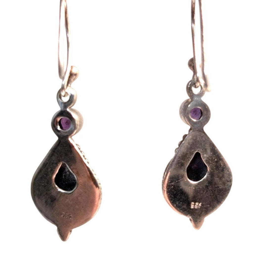 Vtg Purple Stone Purple Amethyst Gemstone 925 Sterling Silver Dangle Earrings
