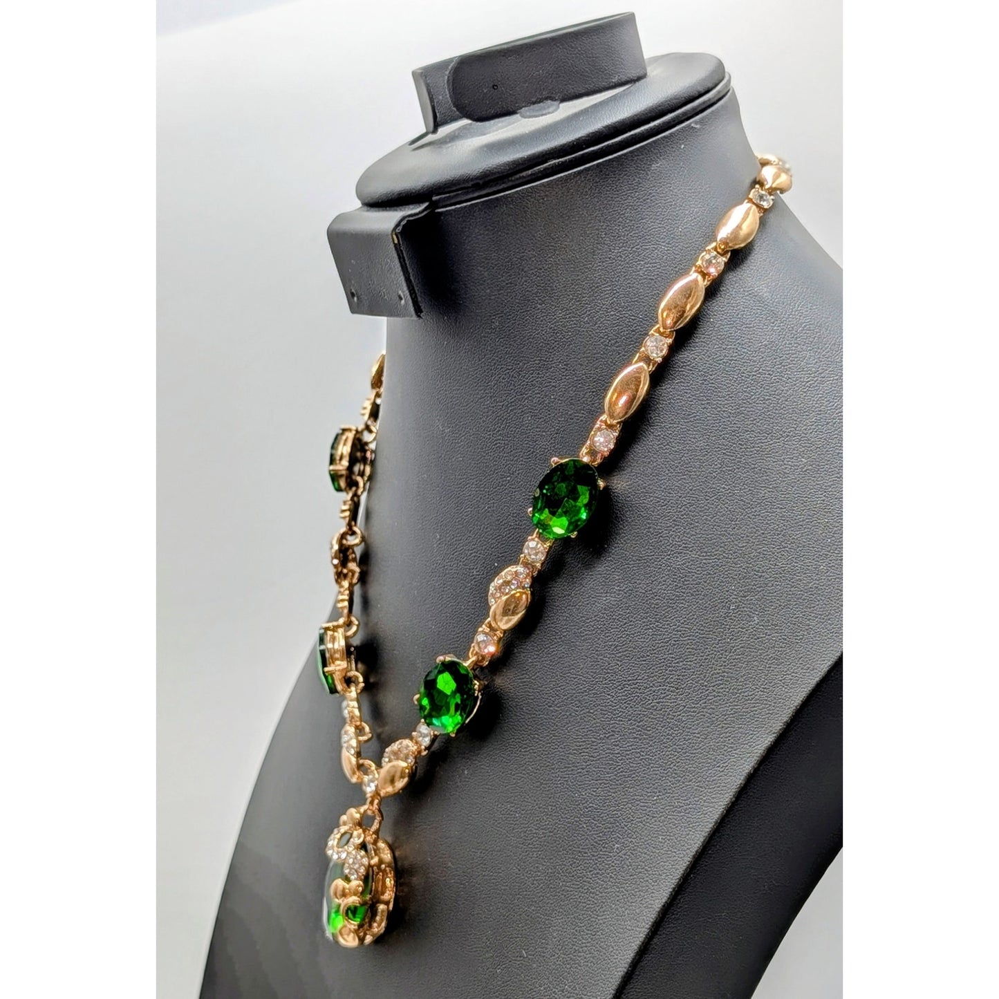 Vintage Sohi Green Emerald Glass Rhinestone Gold Tone Necklace & Bracelet Set