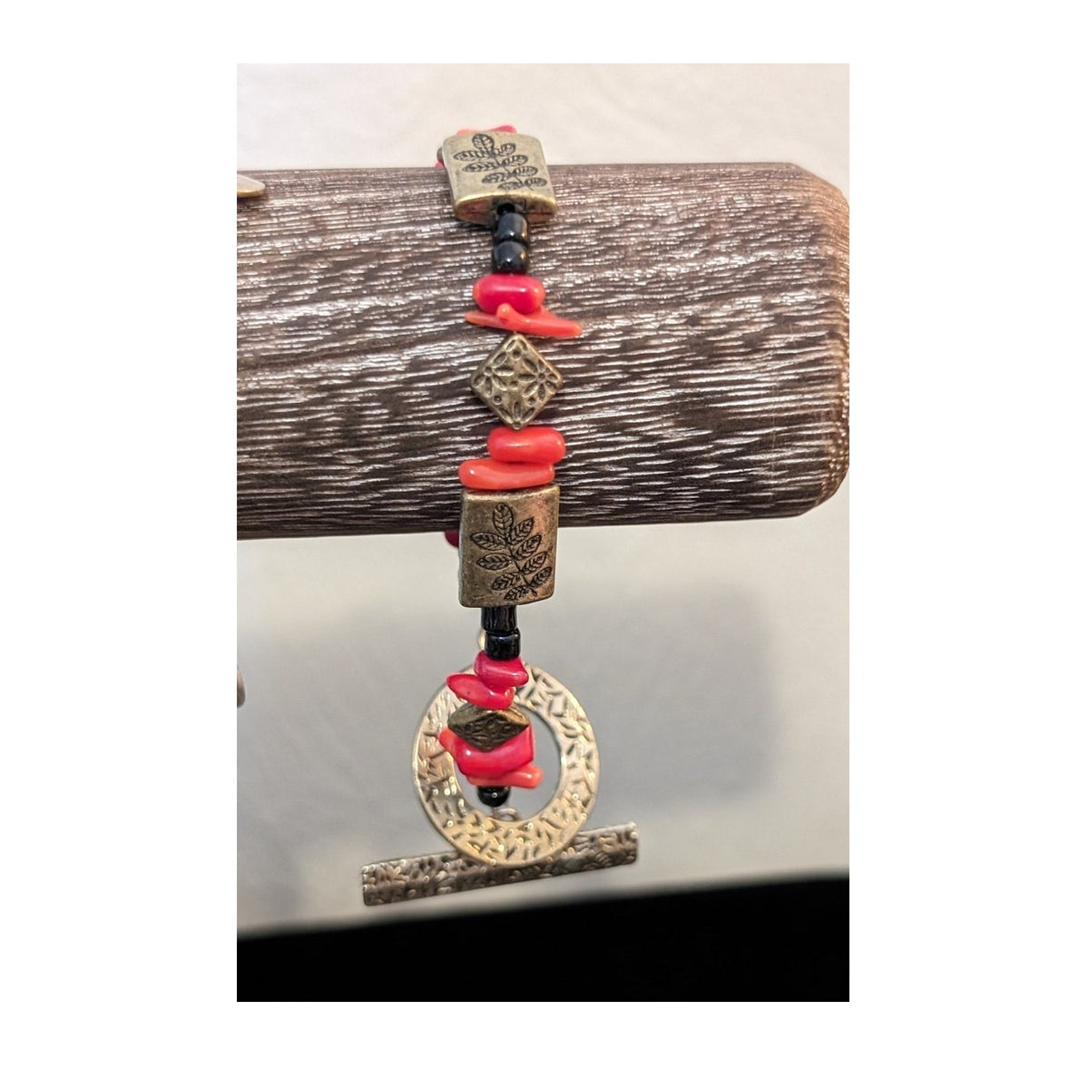 Lot of Two Bronze Tone Red Black Stone Toggle Clasp Bracelets