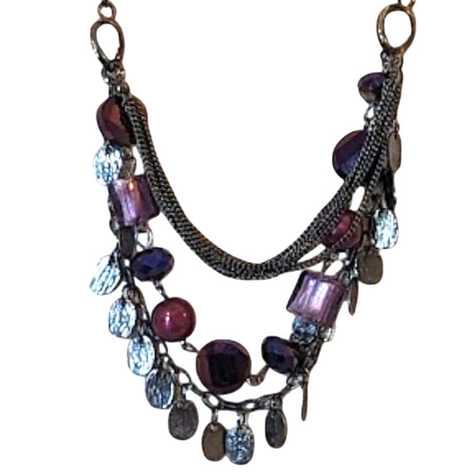 Three strand Gun Metal Chains with Shades of Purple Necklace