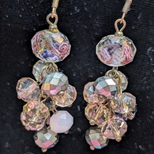 Rose Lampwork & Crystal Bauble Cluster Bead Dangle Earrings