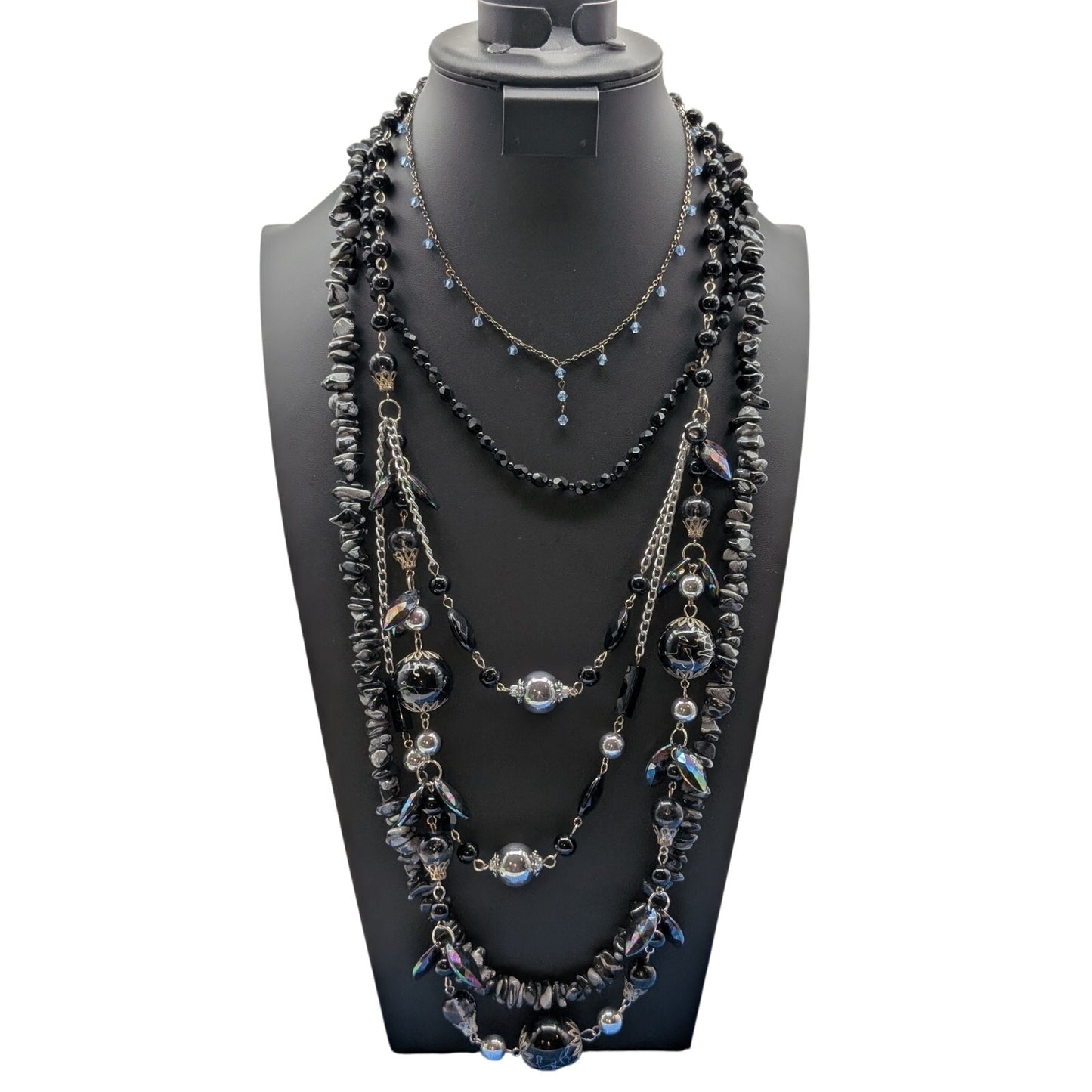 Lot of 4 Black Gray Silver Tone Stone Glass Crystal & Acrylic Beaded Necklaces