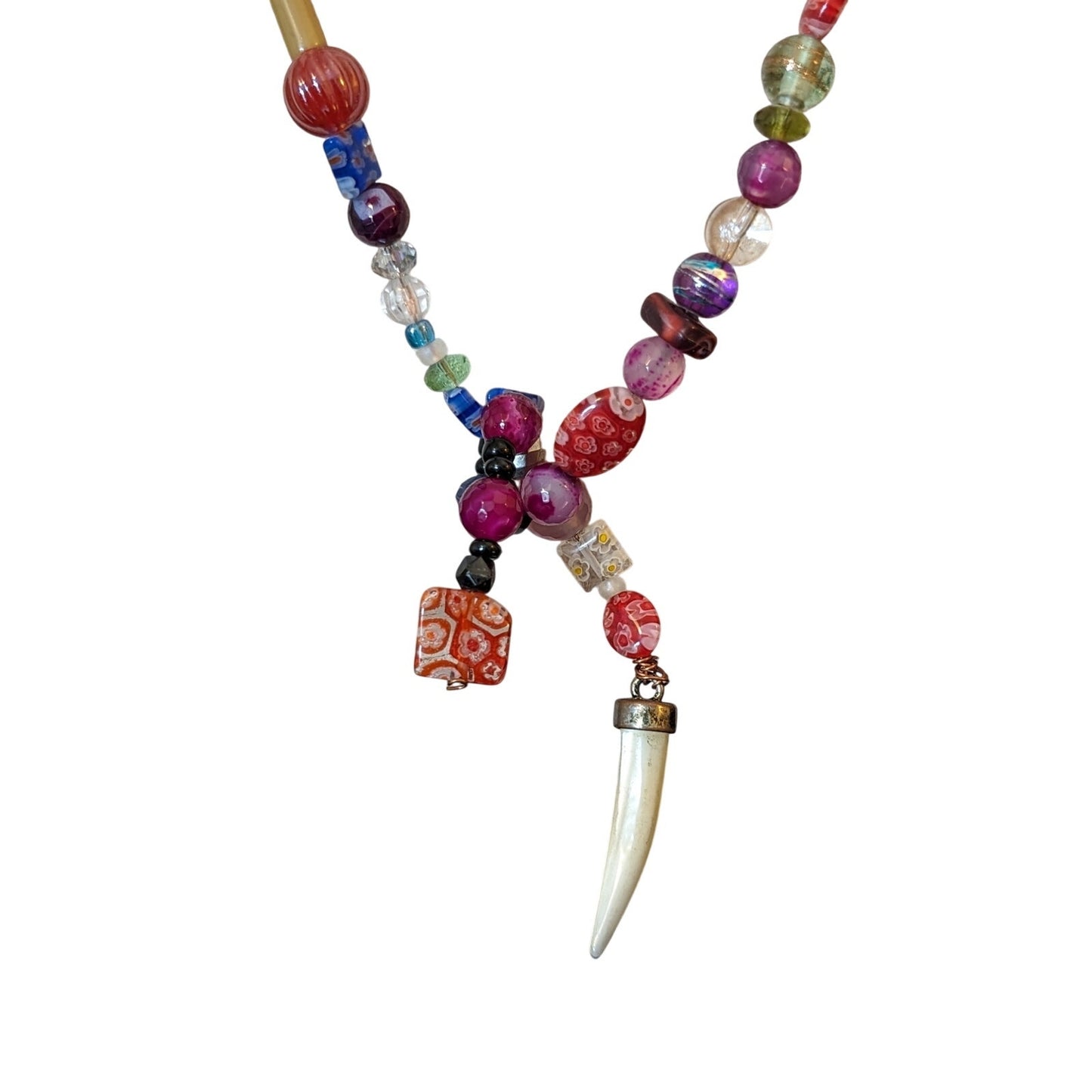 Millefiori Venetian & Murano Glass Bead Wrap Necklace W/ MOP Horn Pendant