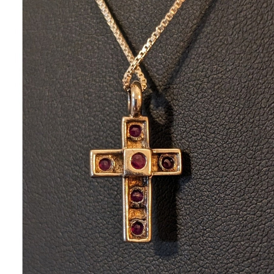 ELLE Signed Tested Ruby Cross Sterling Silver Pendant on 925 Box Chain Necklace