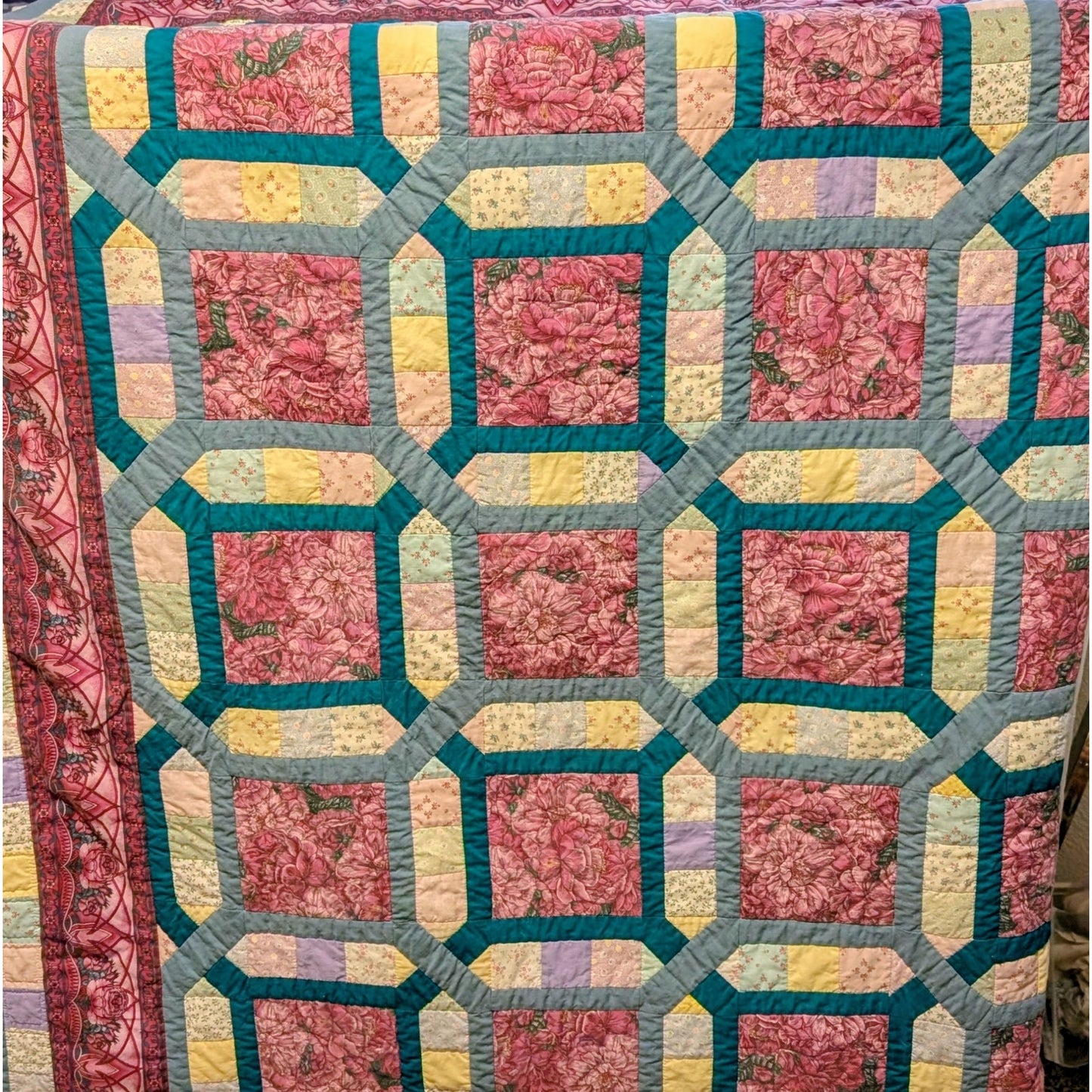 Vintage 84" X 102" Teal Blue & Mauve Cotton Hand Stitched Quilt