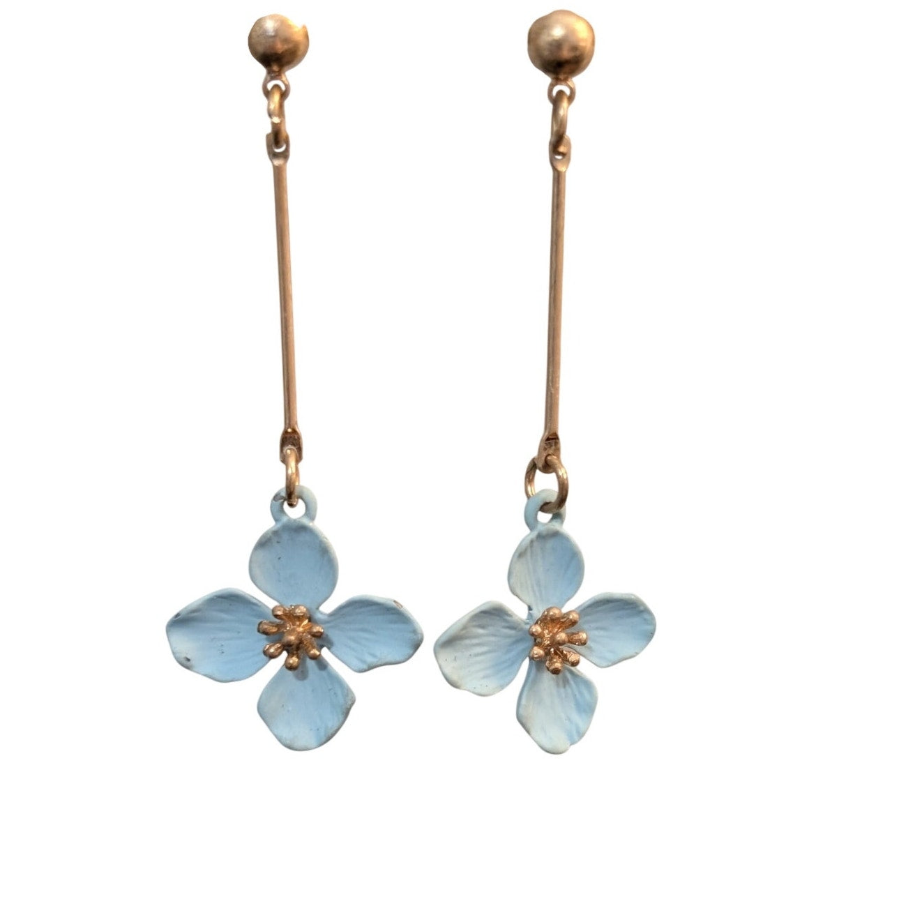 Vintage Light Blue Enamel Flower Gold Tone Dangle Earrings