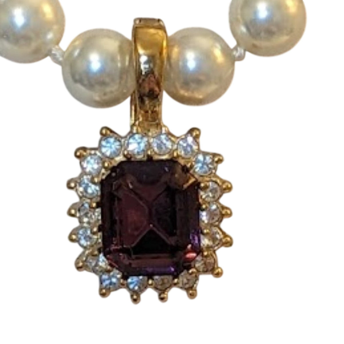 Vintage Roman Jewelry Square Cut Simulated Amethyst & CZ Enhancer On Faux Pearls