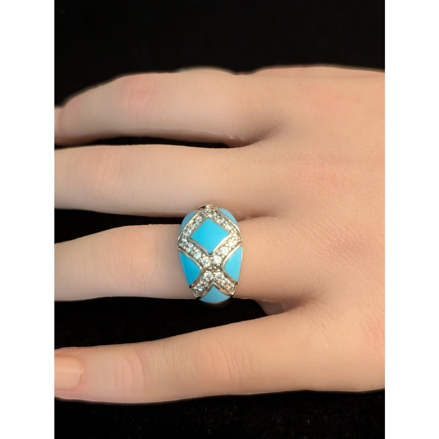 Turquoise Enamel & Pave Set Criss Cross CZ Sterling Silver Domed Ring Size 6.75