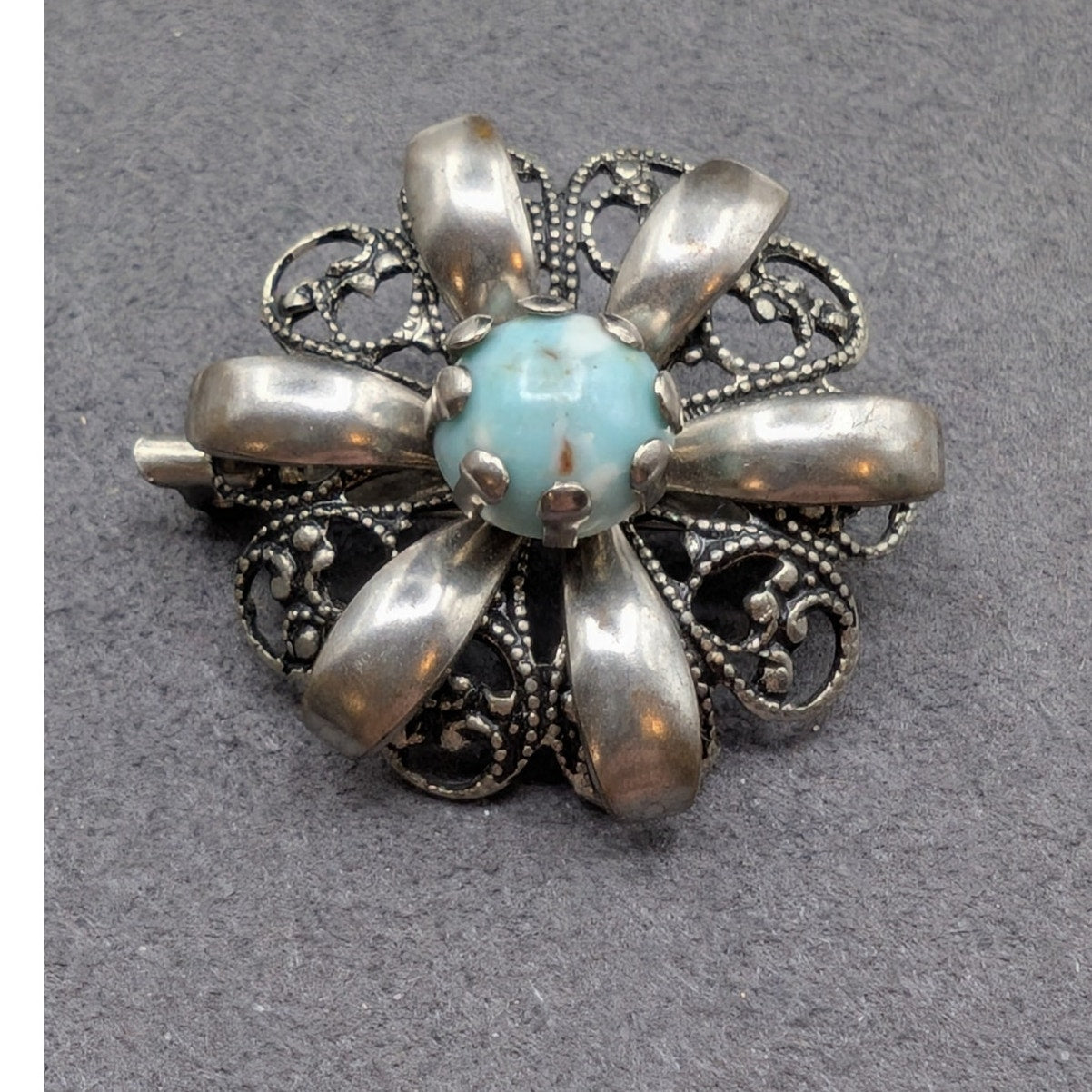 Vintage 40's Turquoise Czech Glass Filigree Silver Tone Brooch