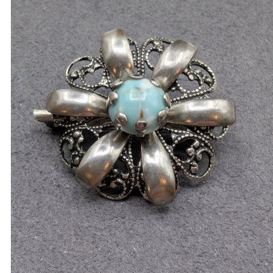 Vintage 40's Turquoise Czech Glass Filigree Silver Tone Brooch