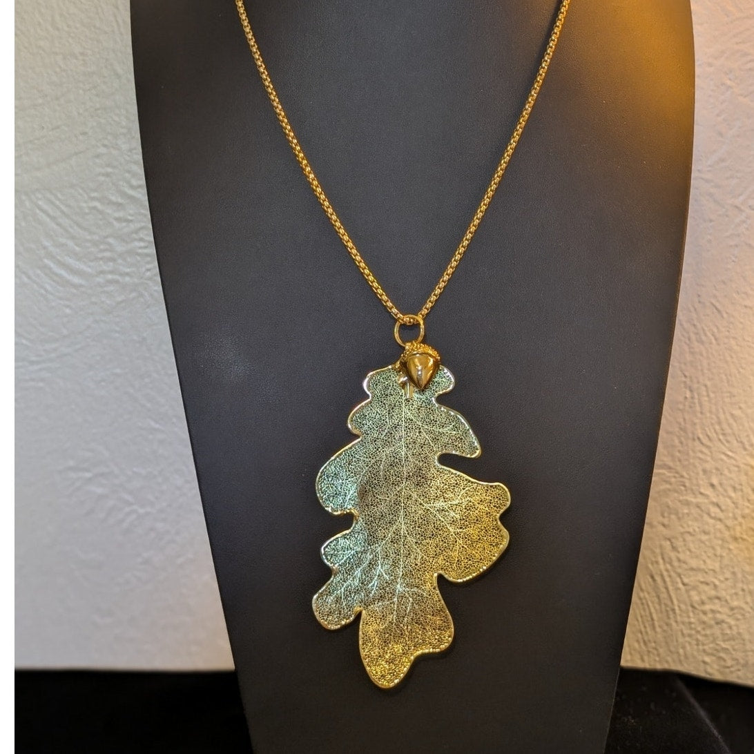 Gold Tone Genuine Leaf Pendant W/ Acorn Charm on Sturdy 22" Gold Tone Chain