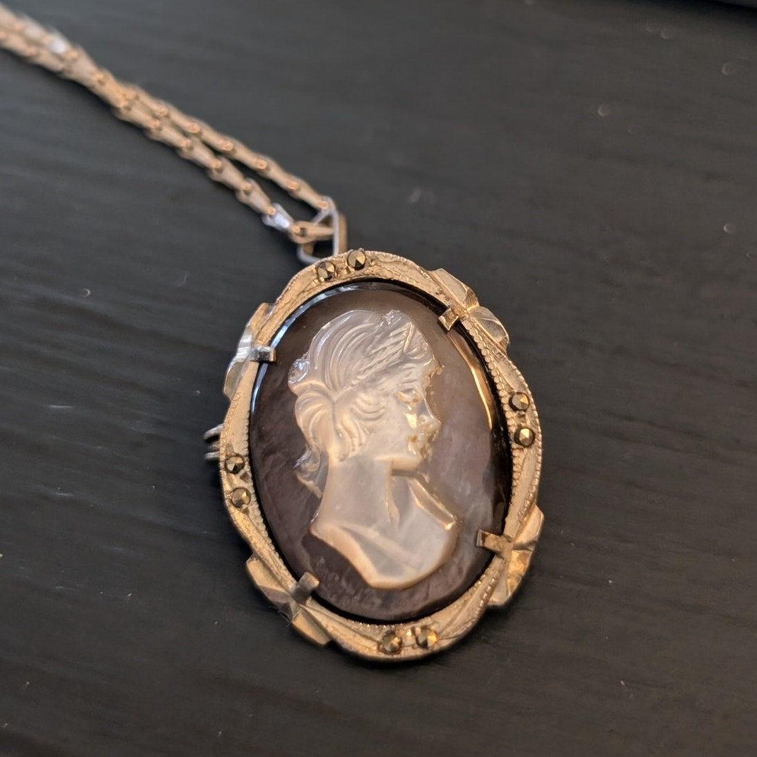 Antique Carved MOP Marcasite Cameo 800 Silver Pendant Pin Chain Necklace