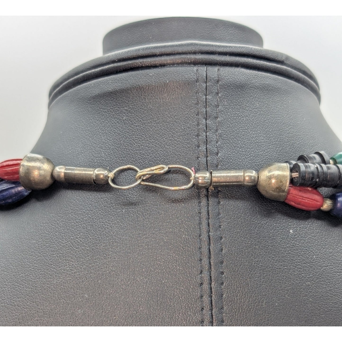 Vintage Triple Strand Jewel Tone Tribal Resin Bead Hook Clasp 30" Necklace