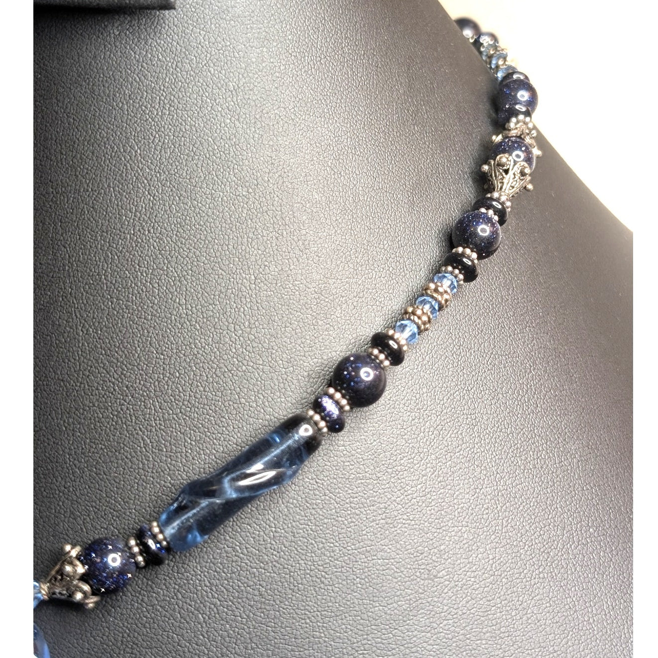 Blue Fused Glass Dangle Gold Stone Crystal Beaded 18" Necklace W/ Toggle Clasp