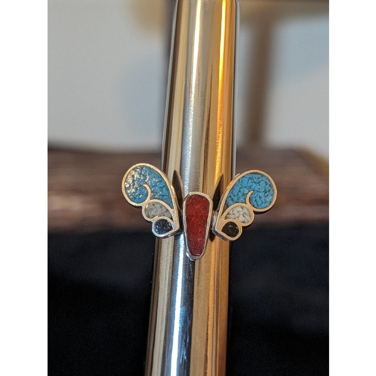 Vintage Native American Sterling Bird Ring With Inlaid Stones Size 3
