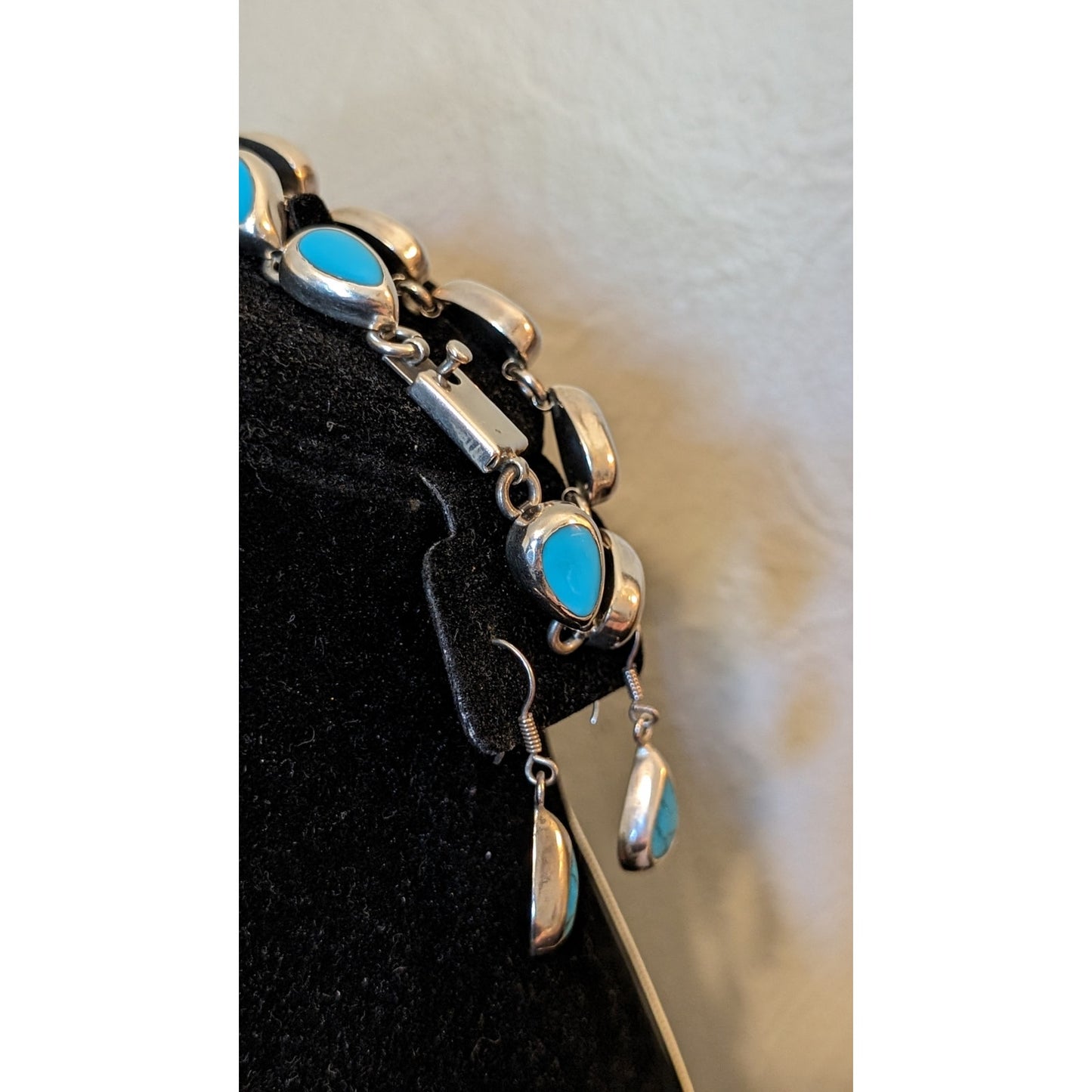 Mexico 925 Sterling Turquoise Inlay Teardrop Bracelet, Necklace & Earring Set