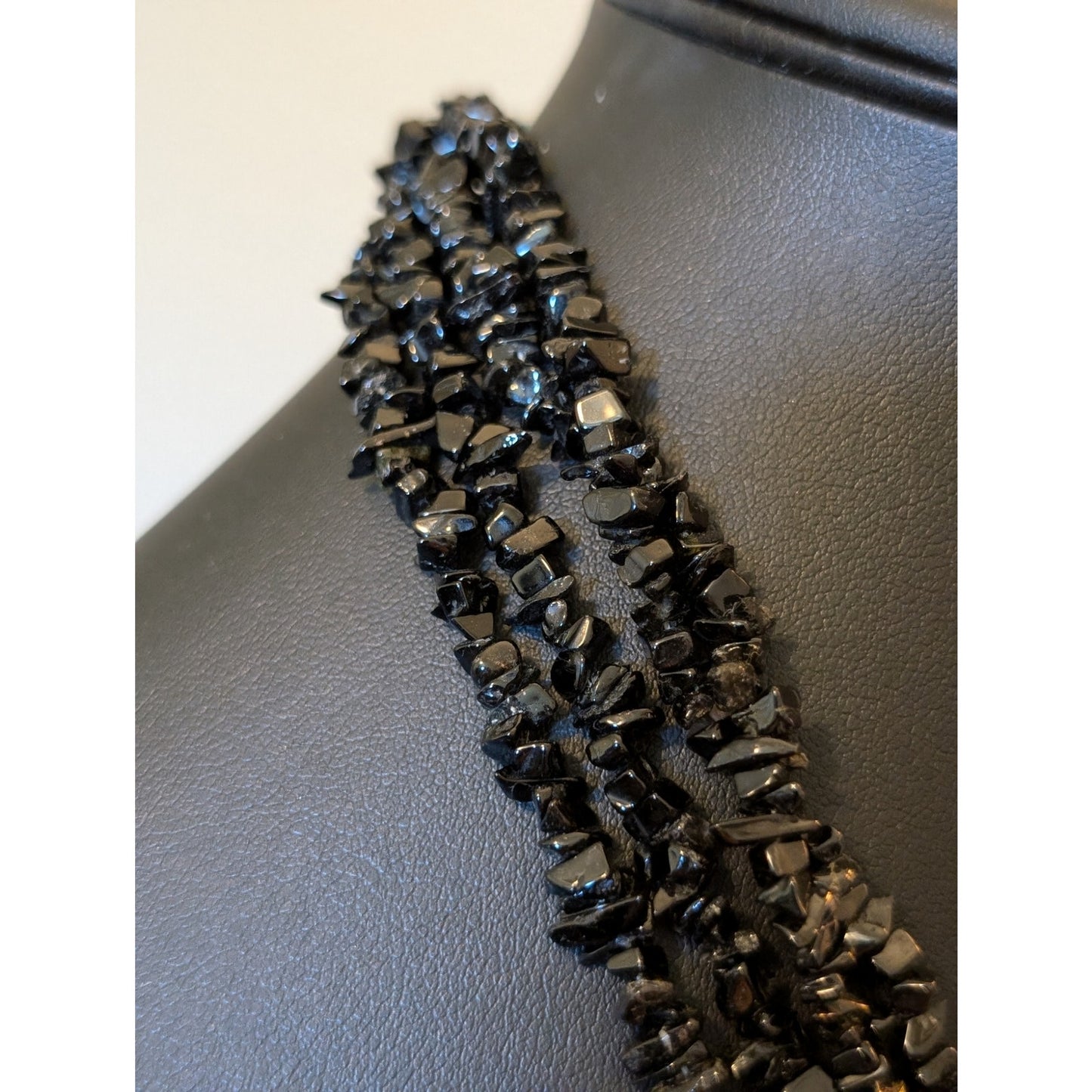 Vintage Southwest 4-Strand Black Stone Chip Bead Necklace W/ Sterling Cone Ends