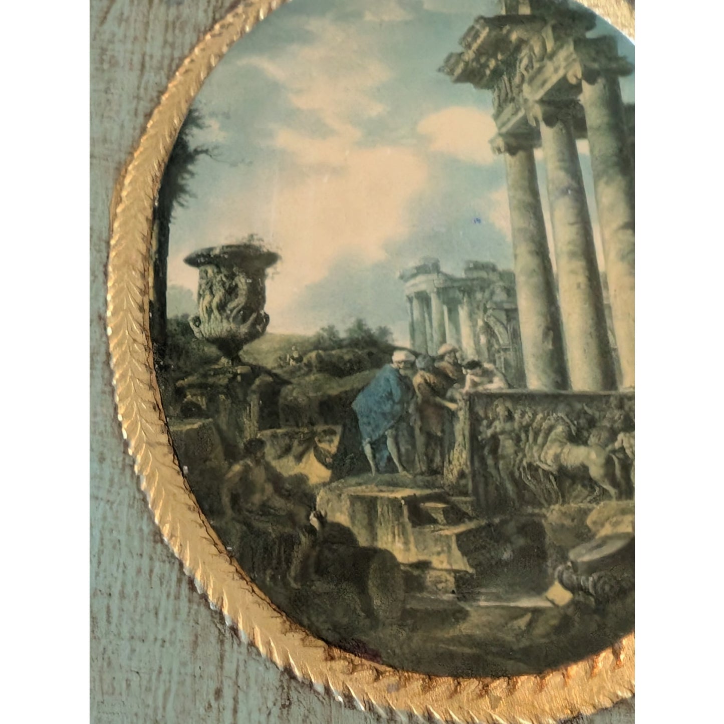 Pair of Antique Florentine Made in Italy Wall Plaques Prints of Roman Ruins
