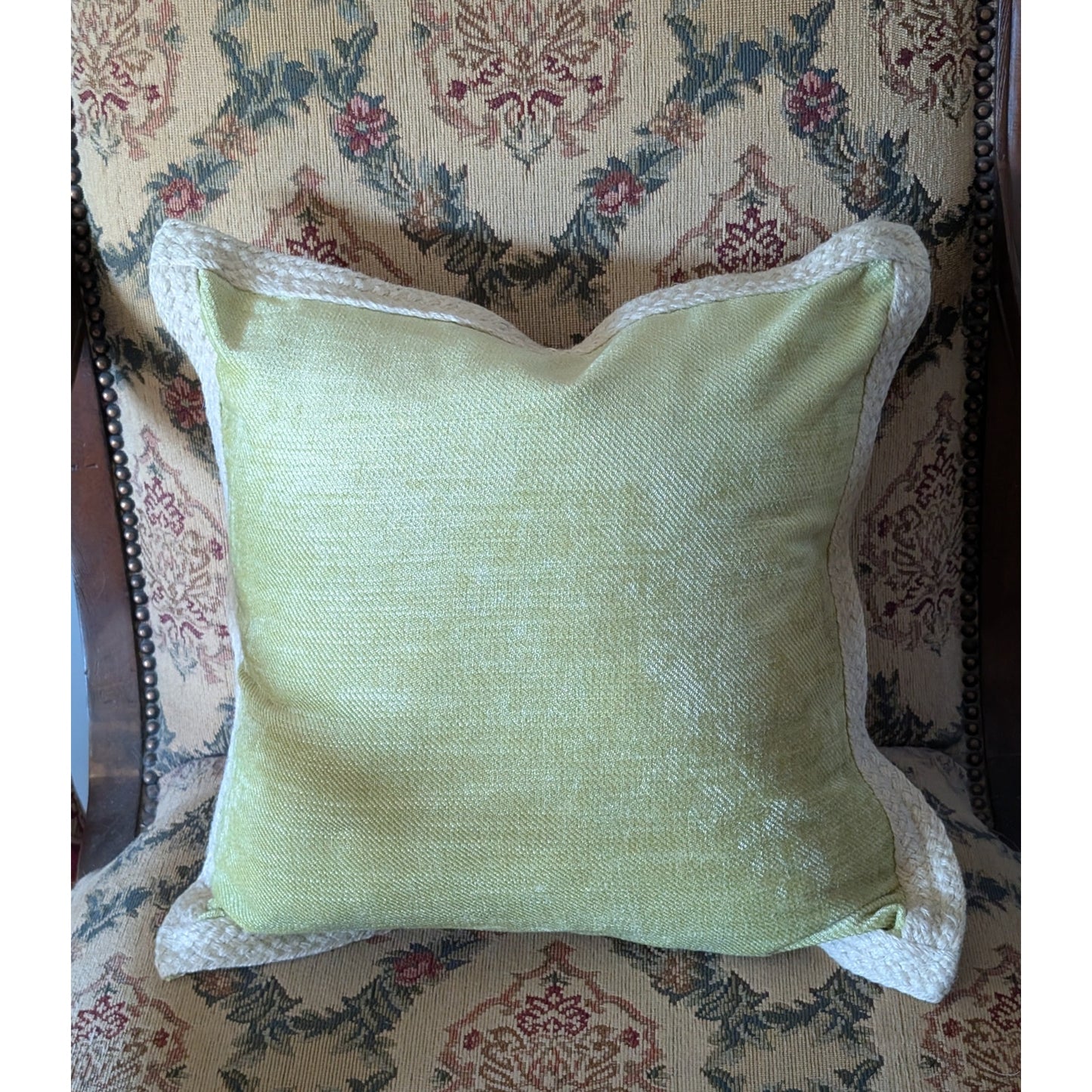 Green Chenille Jute Braided Trim Linen Look Zippered Back Feather Fill Pillow