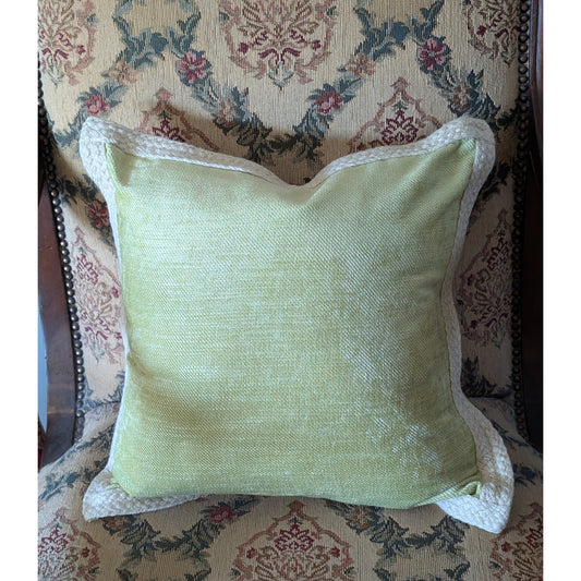 Green Chenille Jute Braided Trim Linen Look Zippered Back Feather Fill Pillow