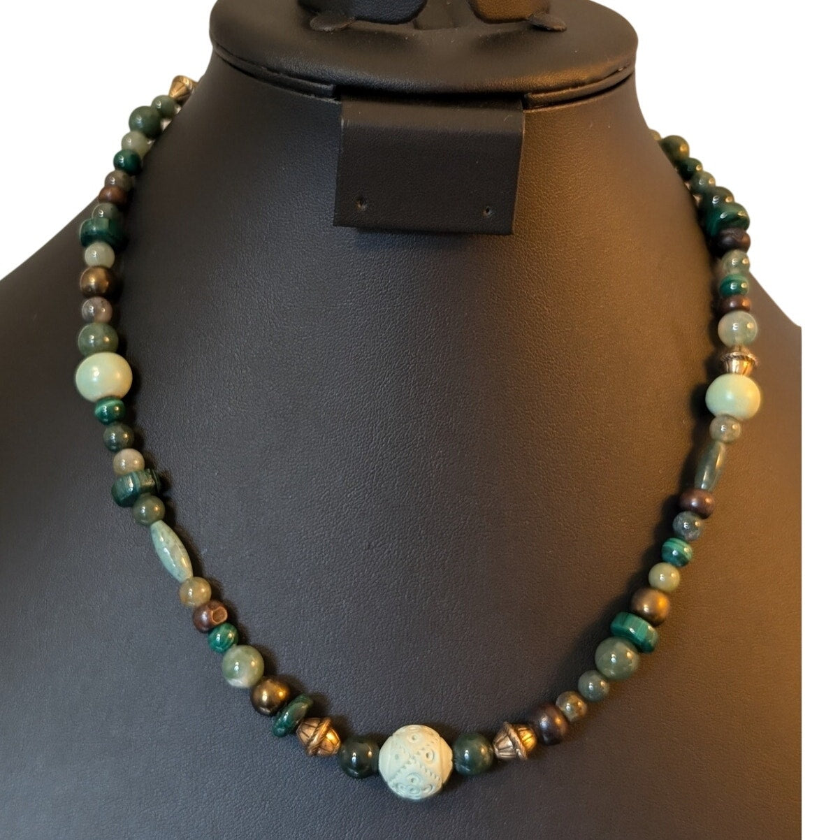 Green Stone Glass Bead Necklace W/ Carved Mint Green Center Bead