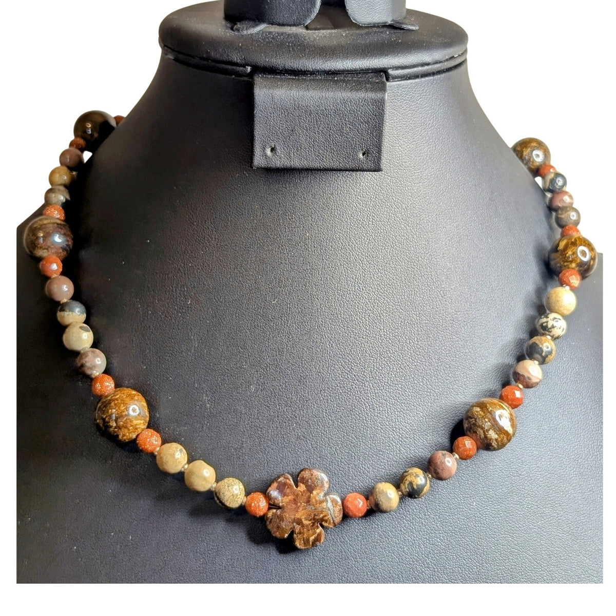 Jasper Agate Brown Stones & Goldstone Beaded Stone Flower 19.5" Necklace