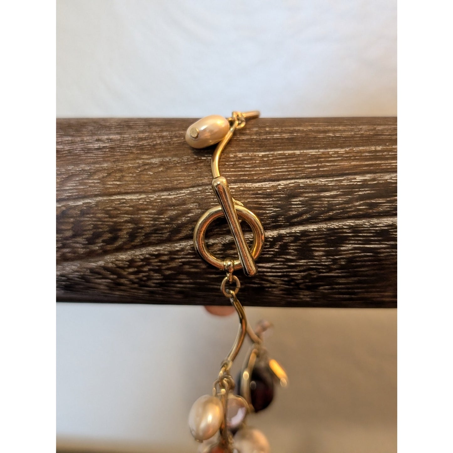 Gold Tone Colored Pearl Crystal Glass Amber Bead Scalloped Bar Toggle Bracelet
