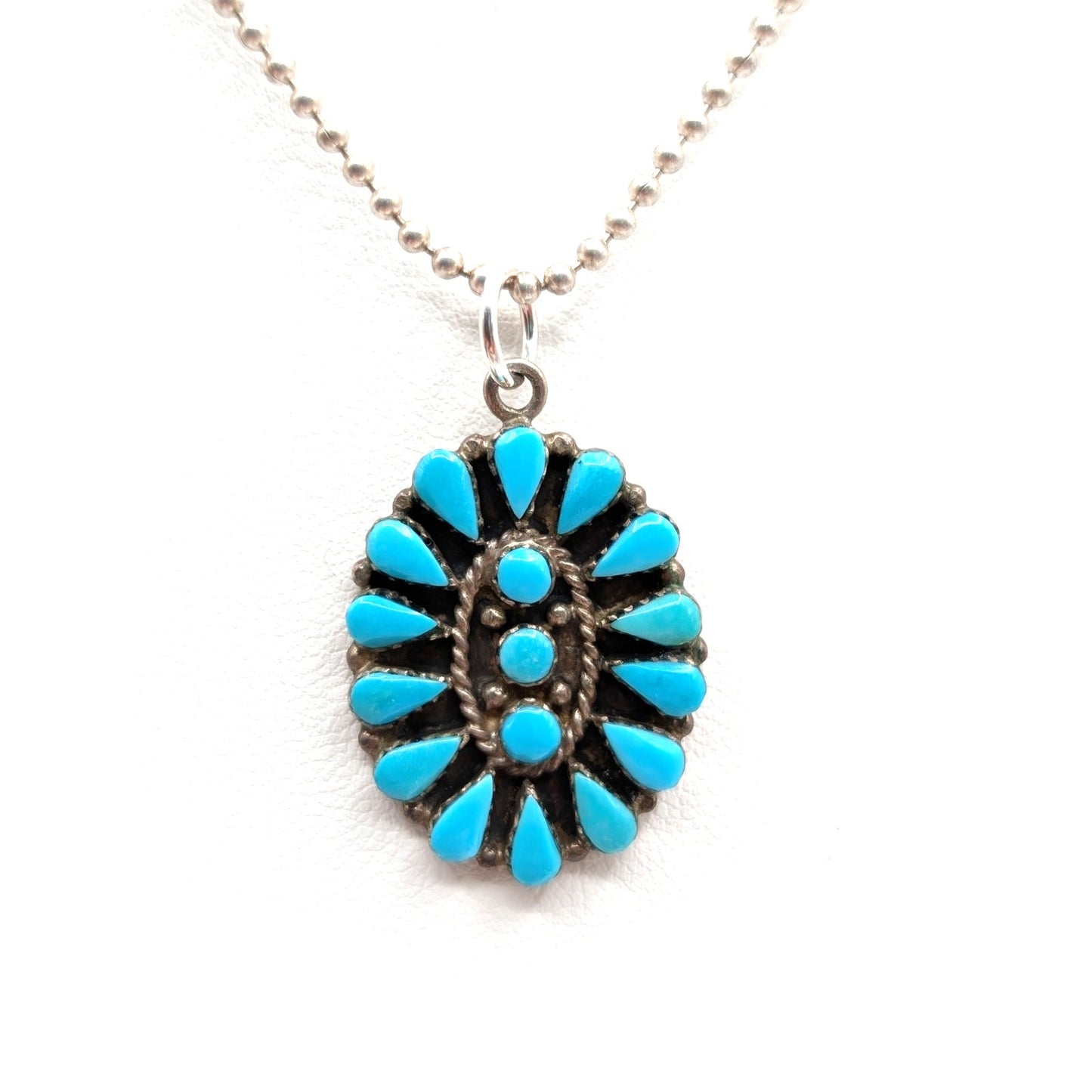 Vtg Zuni Turquoise Needlepoint Petit Point Sterling Pendant Ball Chain Necklace
