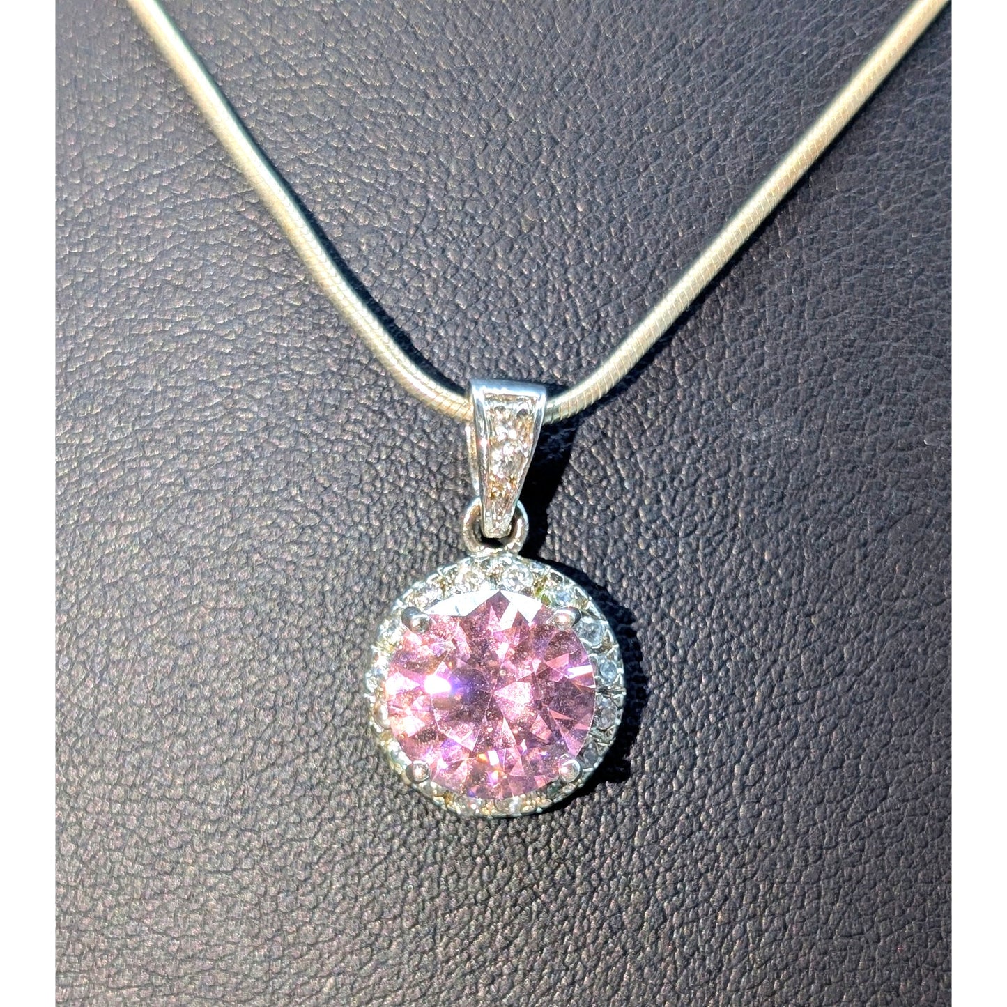925 Sterling Silver Pink & White CZ Pendant Snake 16" Chain Necklace