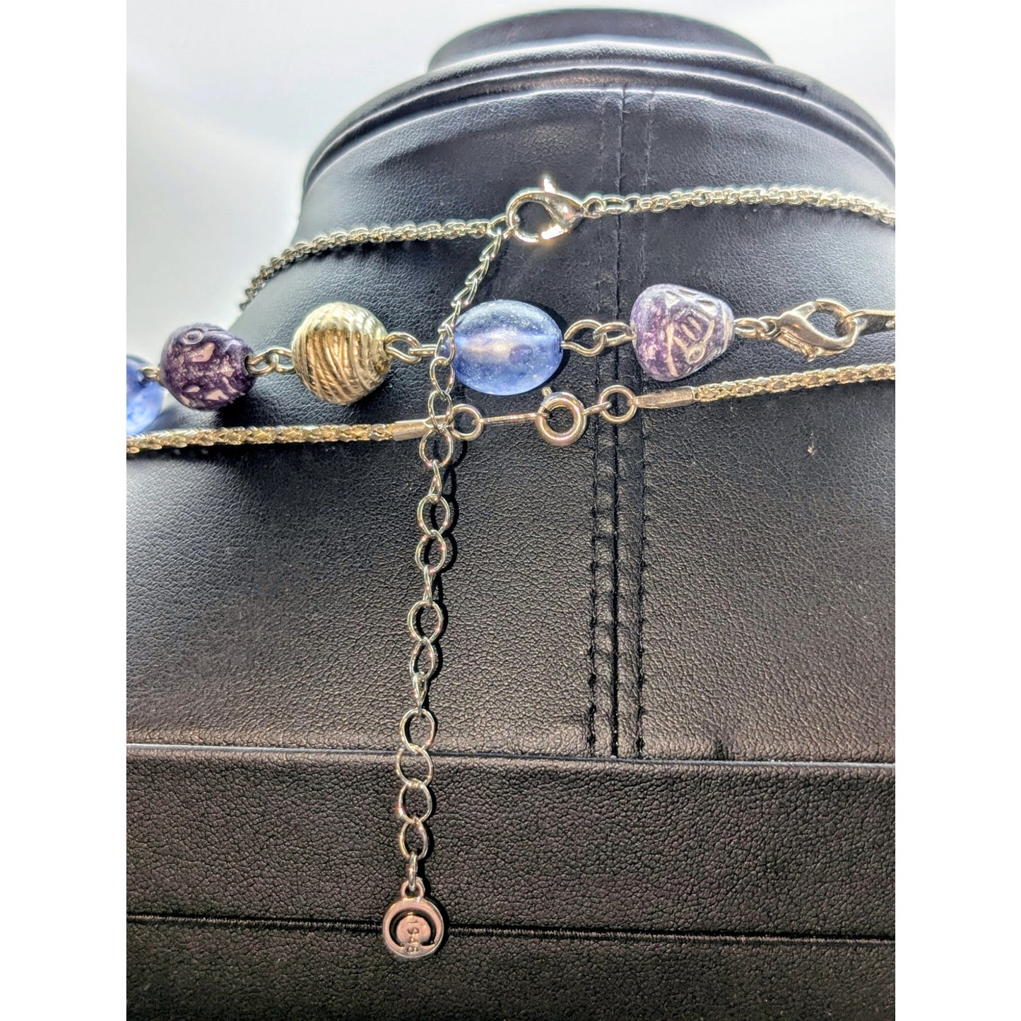Lot of Three Silver Tone Necklaces --Vtg Long Chain Purple Bead & Charm Pendant