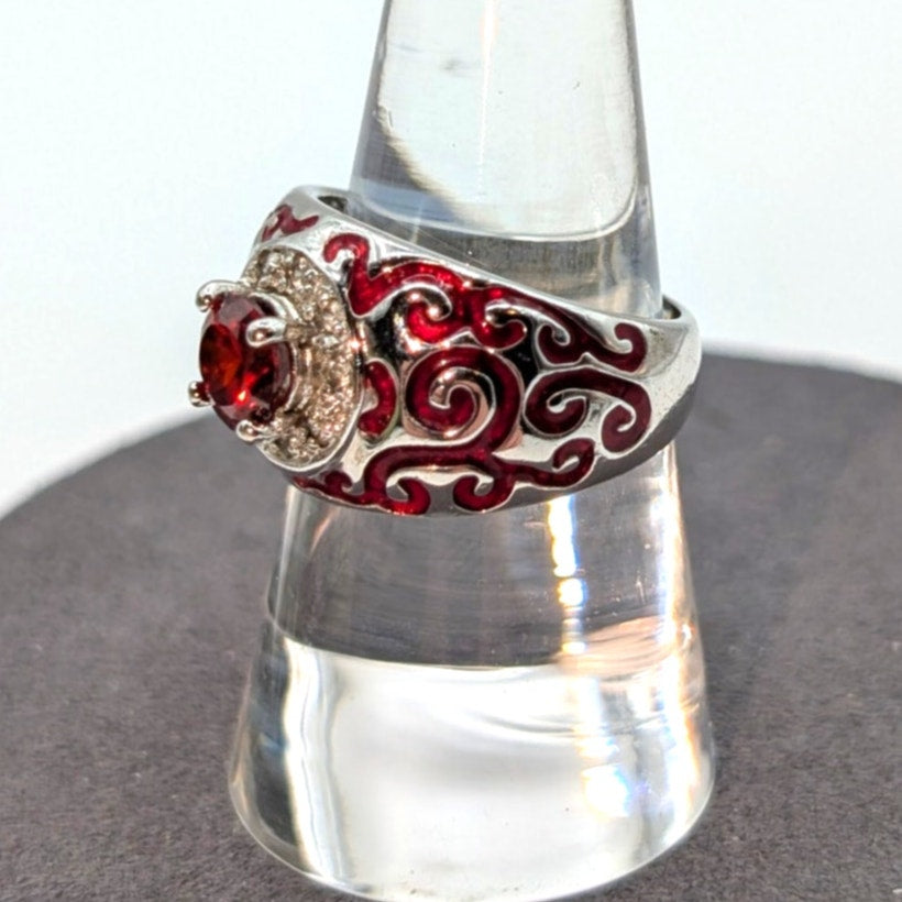 Red Glass CZ Red Enamel Swirl Silver Tone Cocktail Ring Size 8