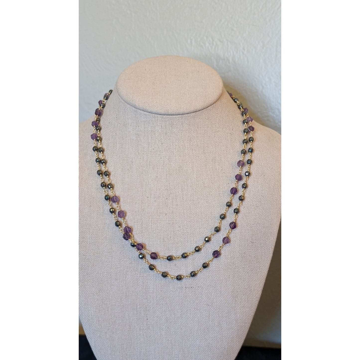Amethyst Black Spinel Gemstone Rosary Style Beaded 38" Necklace