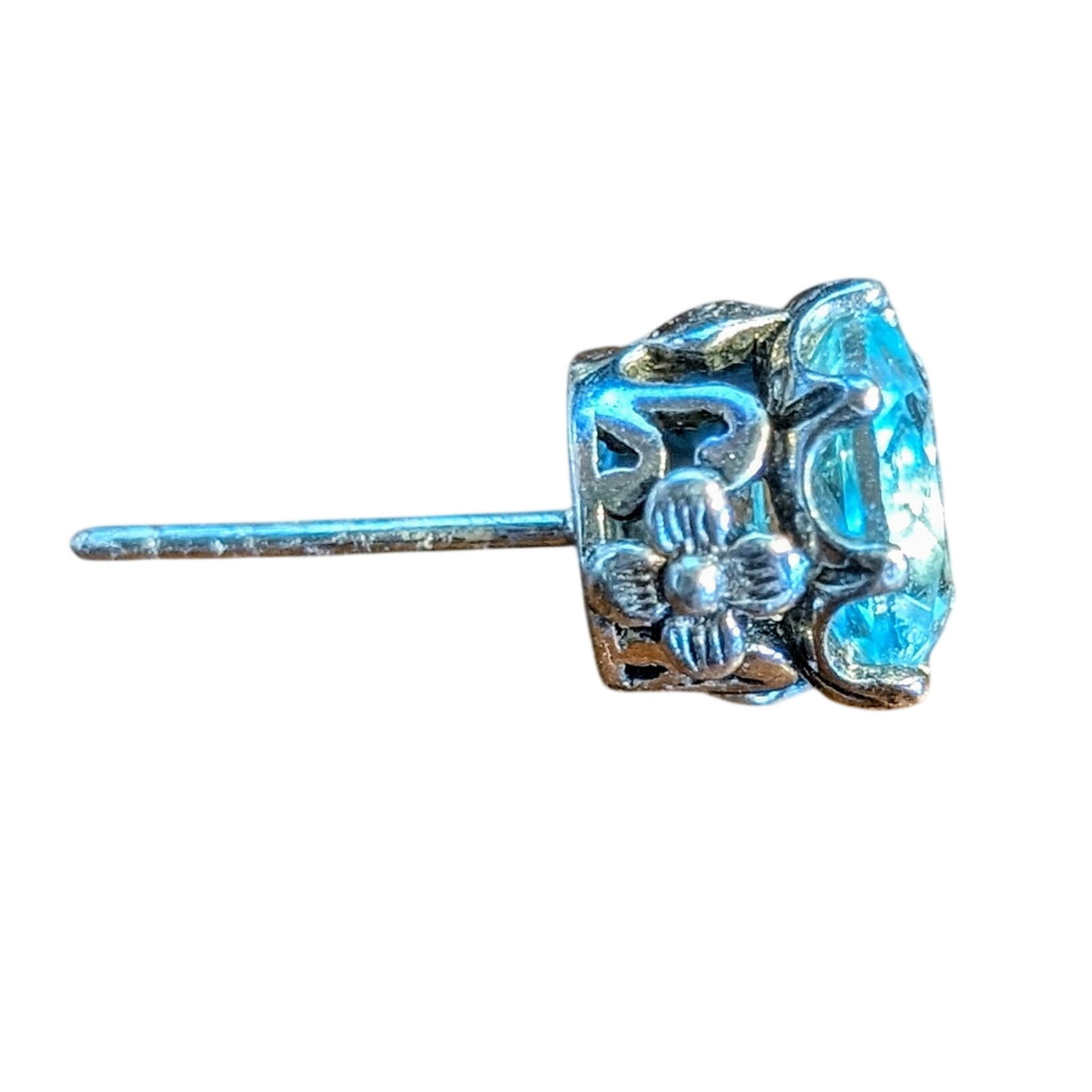 Blue Crystal Fancy Floral Basket Silver Tone Stud Earrings