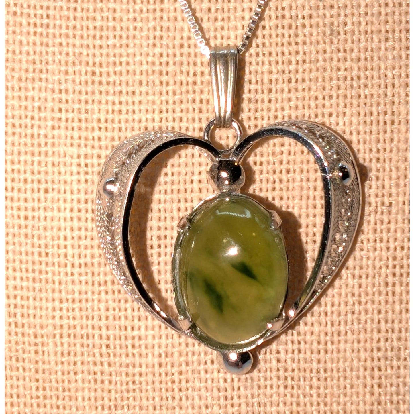 Vintage Sorrento Sterling Green Glass Cabochon Filigree Heart Pendant Necklace