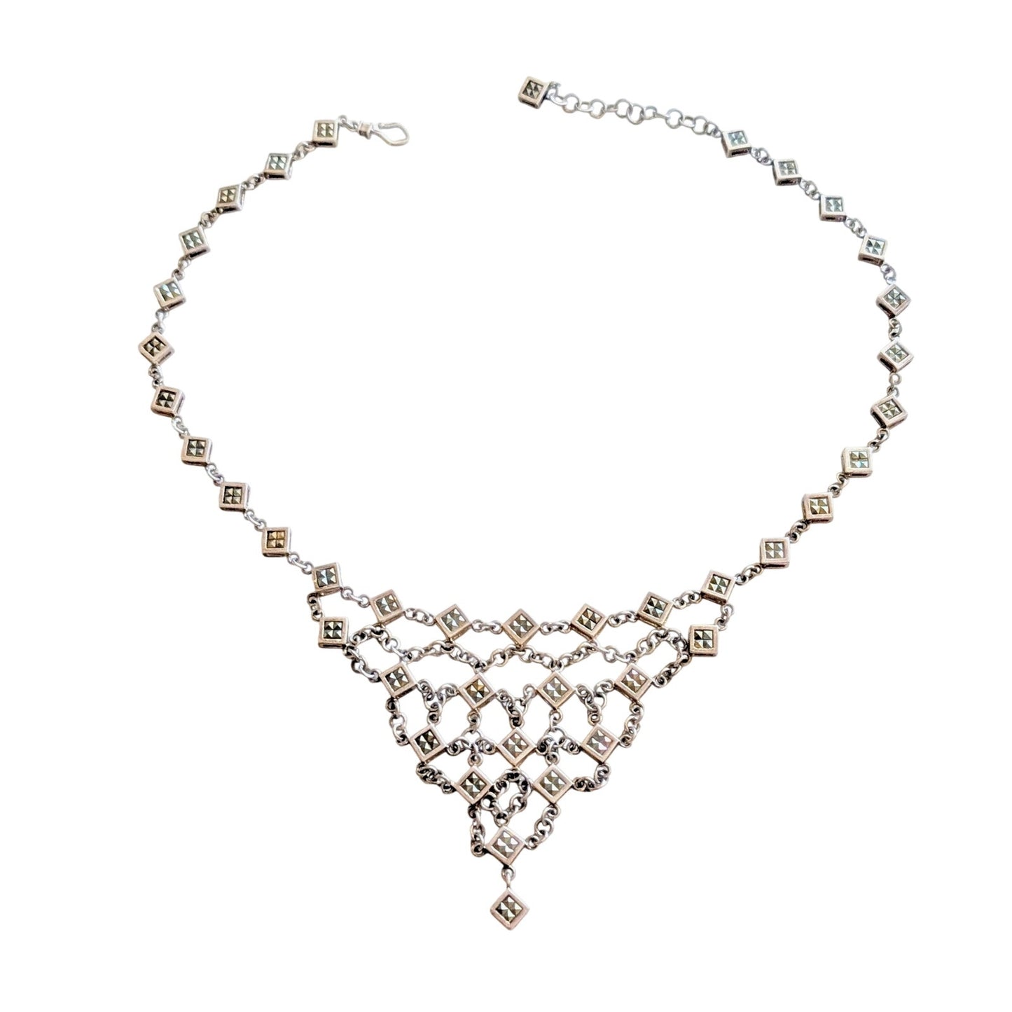 Vtg Unmarked Silver Tone Marcasite Chainmail Bib Hook Clasp 17"-18.25" Necklace
