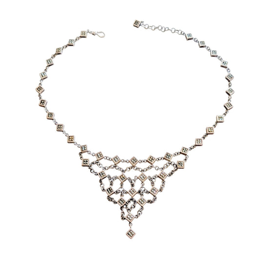 Vtg Unmarked Silver Tone Marcasite Chainmail Bib Hook Clasp 17"-18.25" Necklace