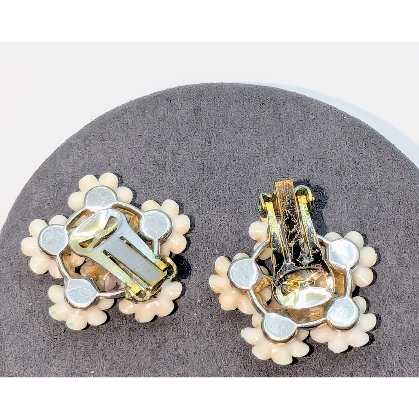 1950s Cream Pale Pink Gold Bead Pop Off Floral Clip Earrings