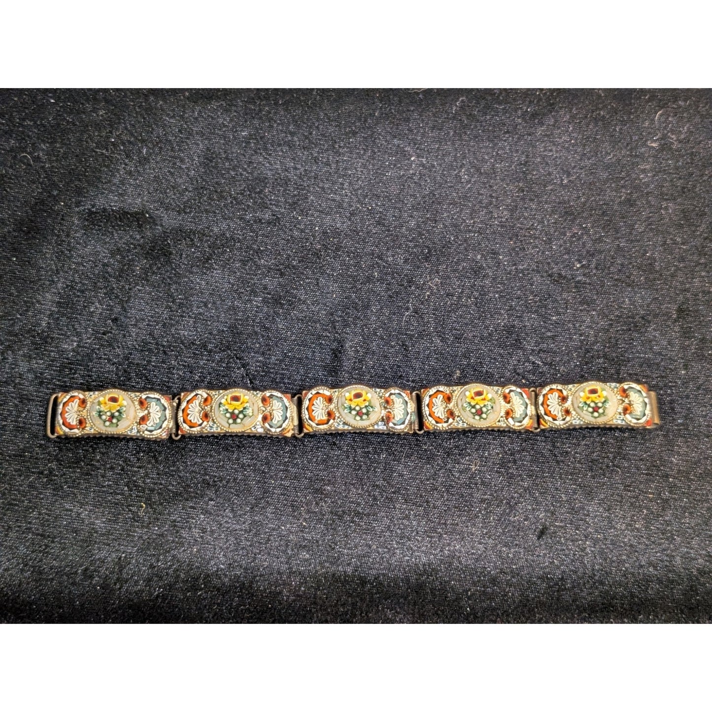 7.5" Antique Italian Micro Mosaic Multi Color Floral Link Hook Clasp Bracelet