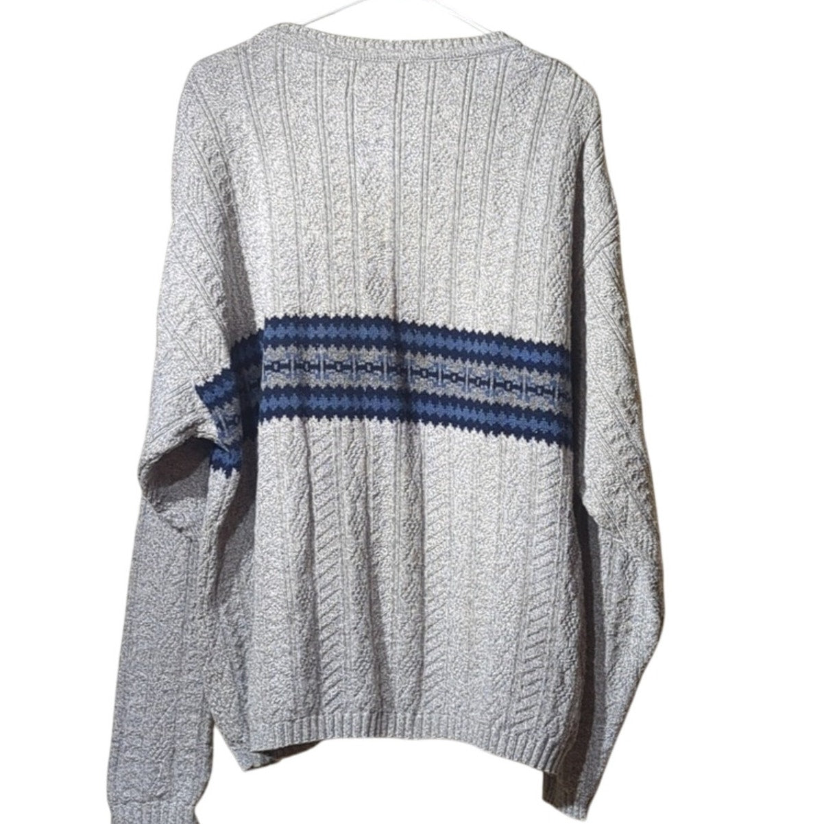 Woolrich Gray Knit V-Neck Sweater with Blue Stripe Chest Design Men's Size L