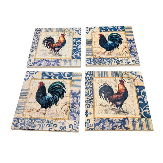 Set of Four Blue "French Rooster" Natural Stoneware Cork Backed Coasters