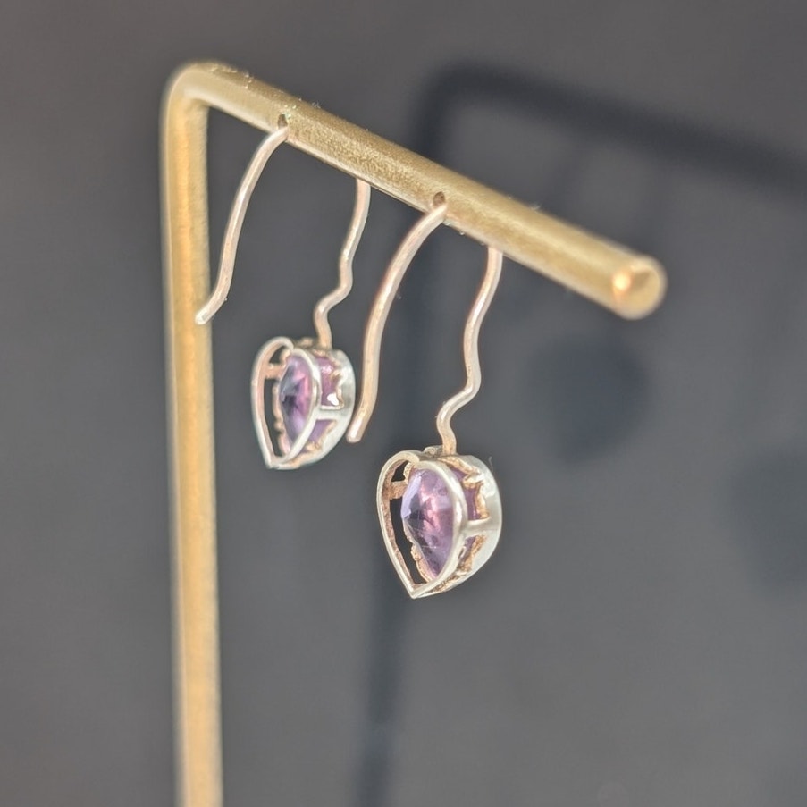 Vintage 925 Sterling Silver Amethyst Heart Wire Drop Earrings