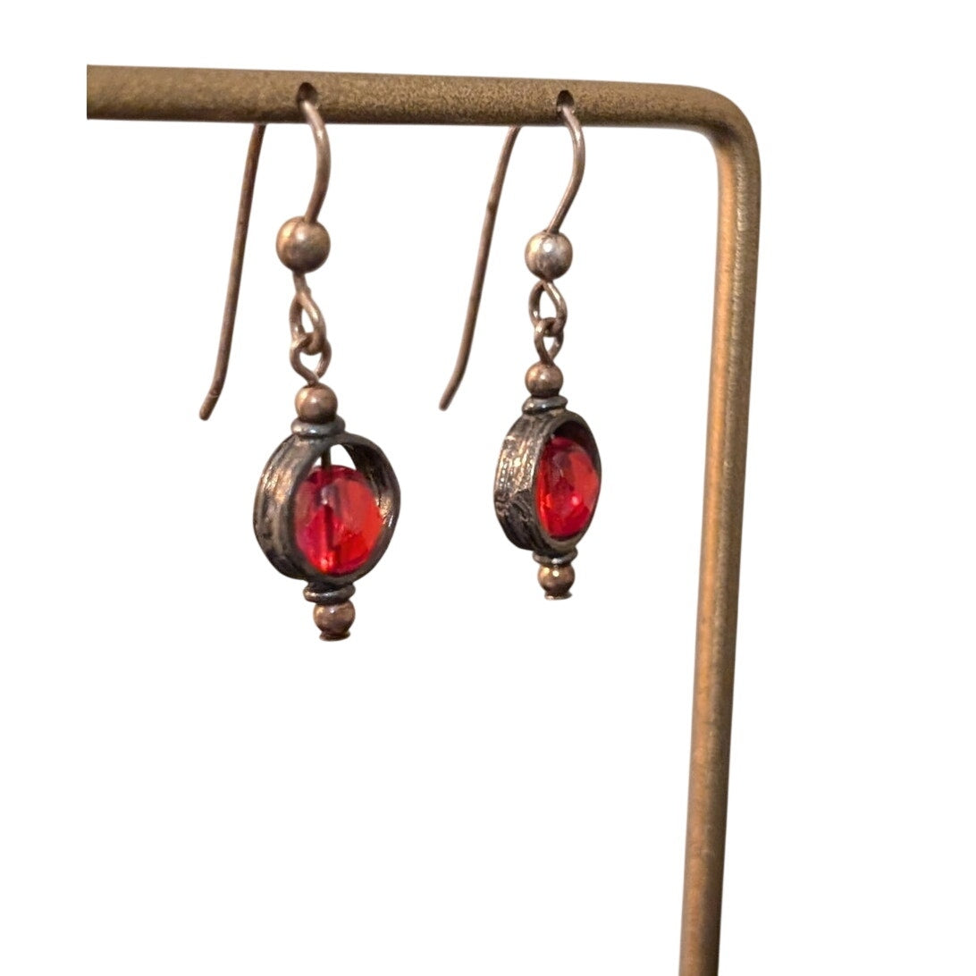 925 Sterling Silver Red Crystal Bead Dangle French Wire Earrings