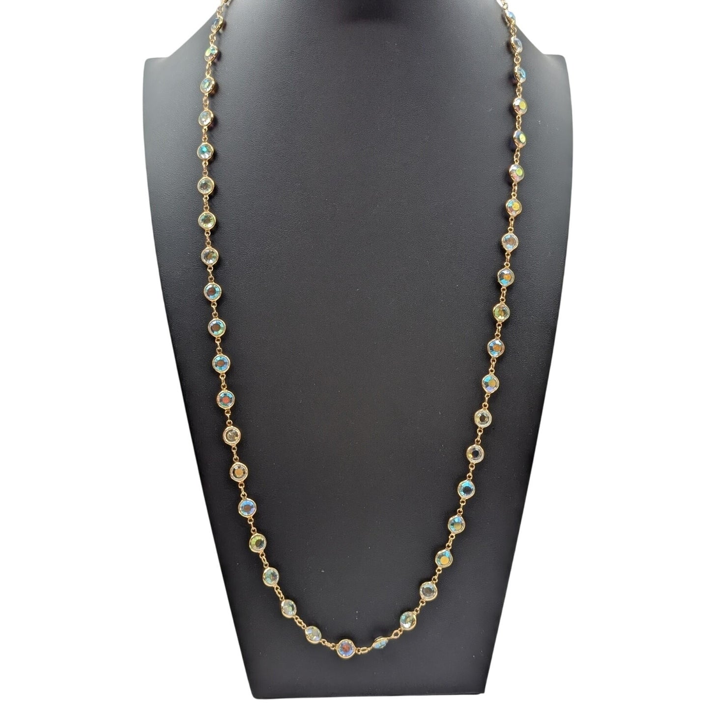 Vintage Swarovski Gold Tone Bezel Set AB Crystal Chain 34" Necklace
