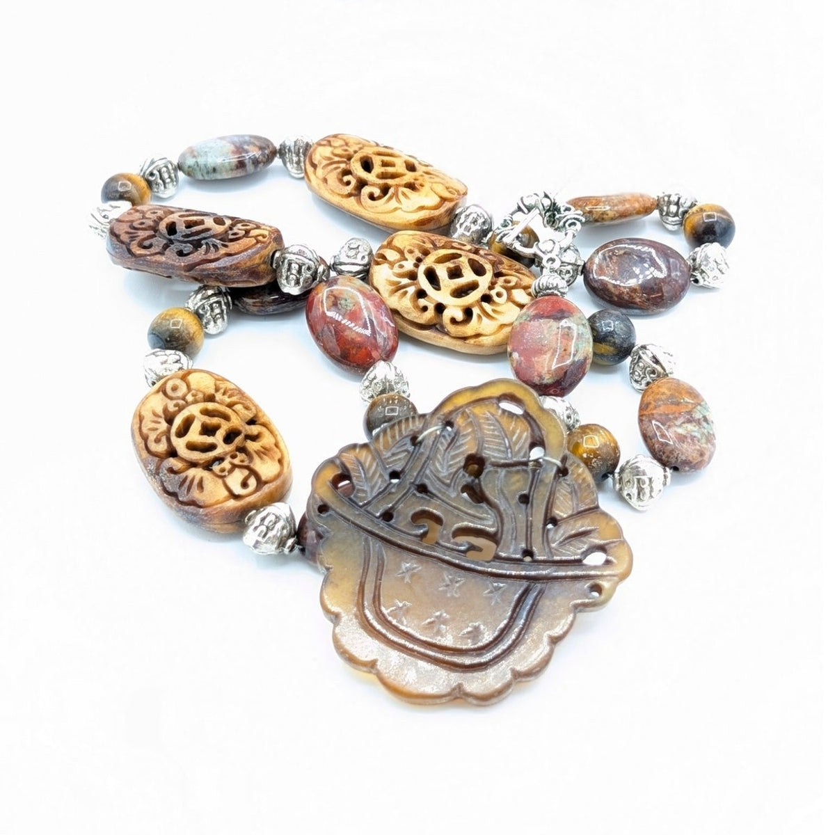 Silver Tone Jasper & Tiger's Eye Carved Resin & Carved Stone Pendant Necklace